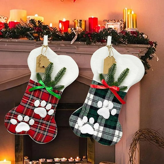 Dog Christmas Stocking Bone Shape with Paw Prints, Plaid Holiday Pet Stocking for Treats, Toys, Gifts, Hanging Ornament for Dogs and Cats