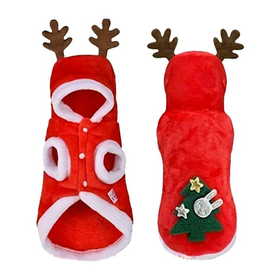 Dog Christmas Winter Clothes Pet Apparel, Warm Fleece Lined Pet Coat With Reindeer Antlers And Tree Decoration, Holiday Outfit For Small Medium Dogs