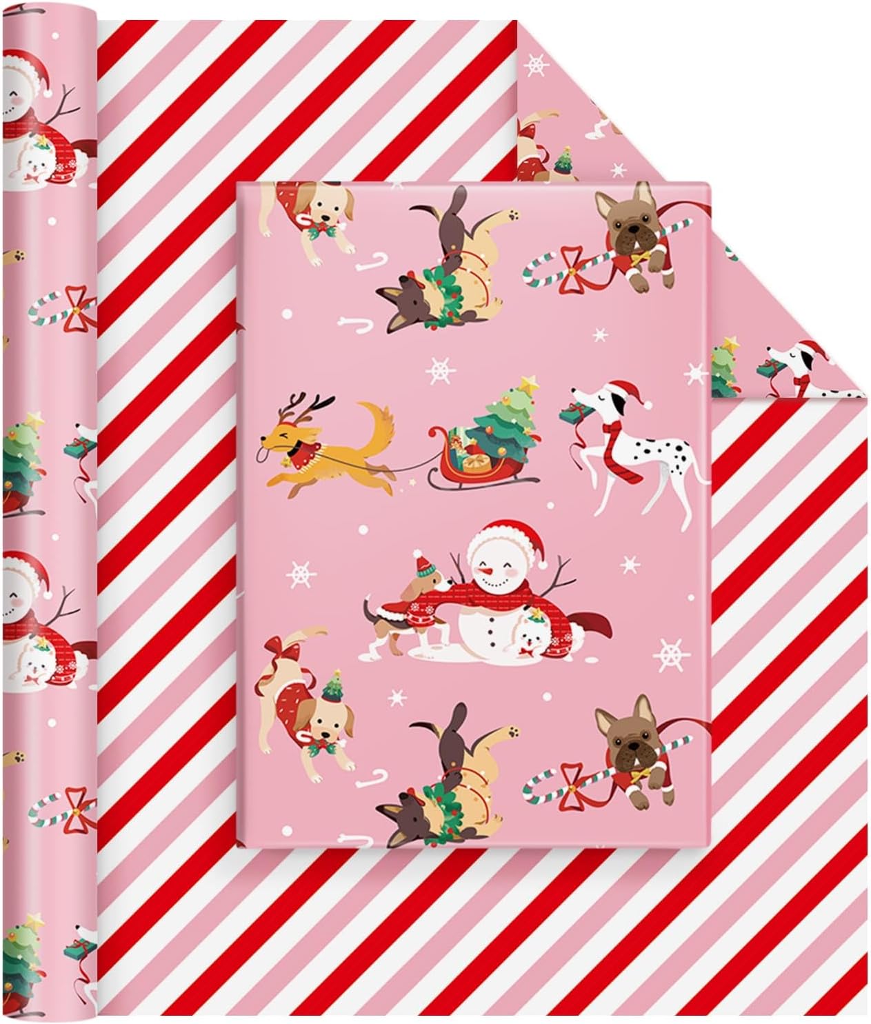 Dog Christmas Wrapping Paper Roll - 1 Roll 17”x 33 ft Pink Puppy Christmas Wrapping Paper Reversible Red Candy Cane Stripe Gift Wrap for Kids Adults Xmas Winter Puppy Party Celebration