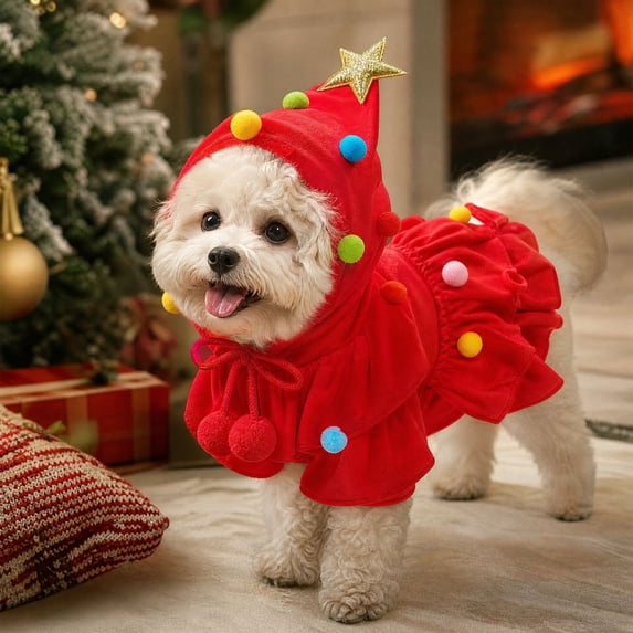 Dog Christmas Xmas Tree Cape Costume Soft Warm Holiday Party Outfit with Star Ornament Pompom Decor for Small Cats Dogs | Red S