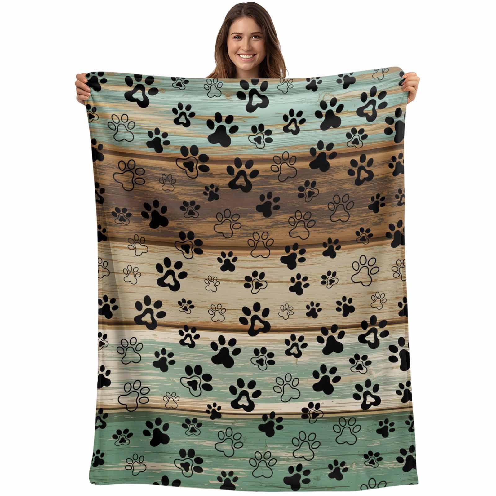 Dog Claw Paw Print Throw Blankets, Pet Green Brown Farmhouses Wood Soft Fleece Blanket Decorative for Home Sofa Couch Chair Living Bedroom, 30x40 Inches,