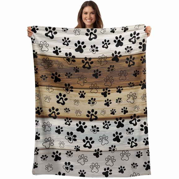 Dog Claw Paw Print Throw Blankets, Pet Grey Brown Farmhouses Wood Soft Fleece Blanket Decorative for Home Sofa Couch Chair Living Bedroom, 40x50 inches,