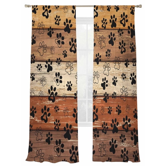 Dog Claws Painting Sheer Curtains 2 Panels Set Vintage Brown Wood Striped Farm Sheer Window Curtains Light Filtering Rod Pocket Voile Drapes for Bedroom Living Room 52"X108"
