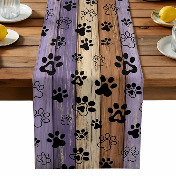 Dog Claws Painting Table Runner, Purple Wood Striped Farm Animal Country Washable Kitchen Table Runners Dress Scarves for Dining Table Decorations Party, 13x108in