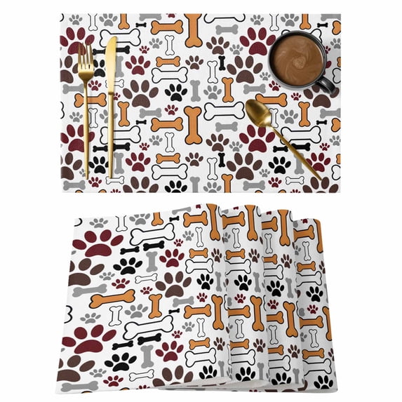 Dog Claws Placemats Set of 12 Pet Cat Cartoon Cute Animal Bone Pawprints Place Mats Indoor Wipeable Table Mats Washable Cloth Dining Table Placemats for Kitchen Holiday Party Home Decor 13x19 Inch