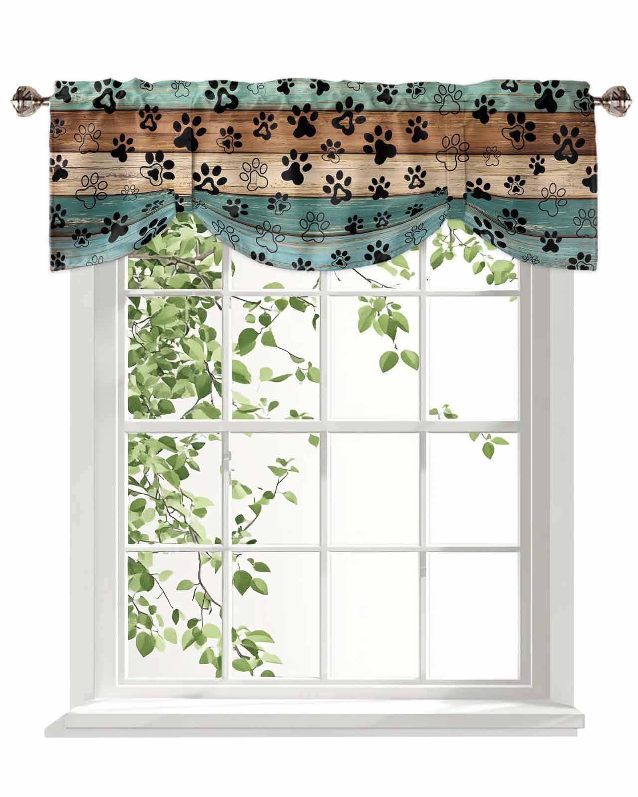 Dog Claws Tie Up Valances Curtain, Adjustable Kitchen Teal Brown Wood Grain Valances for Windows Decor, Rod Pocket Short Curtains Set for Bedroom/Bathroom, 54"x18"