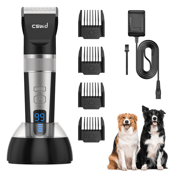 Dog Clippers with Charging Base, Professional LED Display Dog Heavy Duty Grooming Kit, 4 Speed Low Noise High Power Rechargeable Cordless Pet Tools for Small Large Dogs Cats with Thick Coats, Black