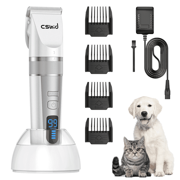 Dog Clippers for Thick Heavy Coats, Low Noise Rechargeable Cordless Pet Shaver with Stainless Steel Blade, Waterproof Dog Grooming Kit for Dogs Pets and Animals, White