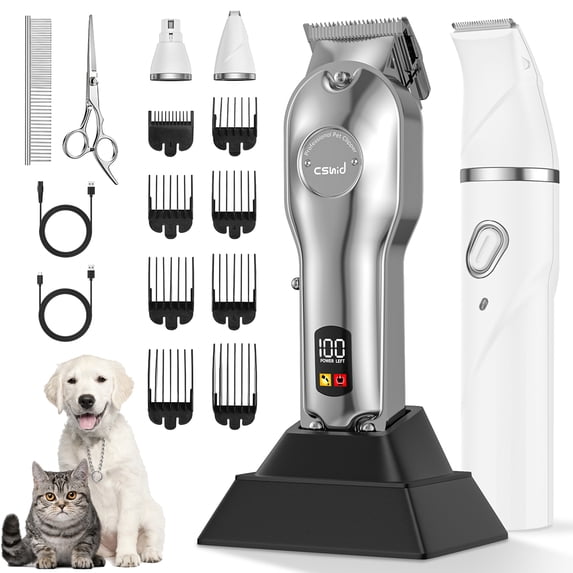Cshidworld Silver dog clippers for grooming thick hair coats with paw trimmer and nail grinder kit