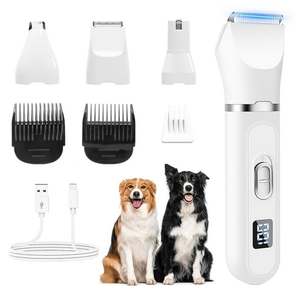 Dogs Hair Clippers with Nail Grinder, 4 in 1 Cordless Electric Trimmer for Dogs Cat Low Noise USB Rechargeable, Pet Clippers Grooming for Small & Large Dogs Cats Pets with Thick Coat