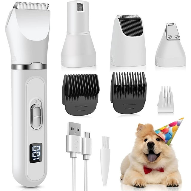 Dog Clippers for Grooming, Dog Nail Trimmers, 4 in 1 Dog Grooming Kit with LED Display and USB Rechargeable Cordless for Dogs Cats Pets
