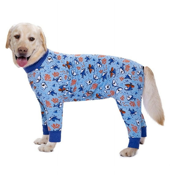 Dog Clothes Pajamas for Medium Large Dogs Soft Cozy Dog Jumpsuit Full Covered Belly Pet Recovery Suit for Girl Boy Dogs Cuttable (Blue Sharks,38)