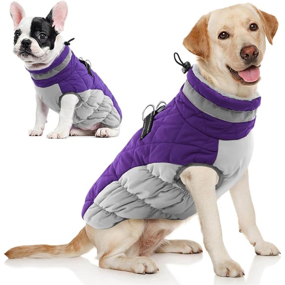 Dog Coat, Warm Dog Winter Coat, Reflective Cold Weather Dogs Puffer Jacket with Harness Built in, Waterproof Pet Fleece Vest Snowsuit for Small Medium Large Dogs, Purple XXL