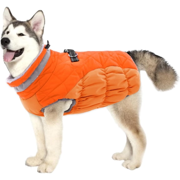 Dog Coat Warm Dog Winter Coat Waterproof Dogs Jacket with Harness Built in Reflective Pet Fleece Vest Zip-Up Cold Weather Coats for Large Dogs Turtleneck Windproof Coats Boxer Blaze Orange XL