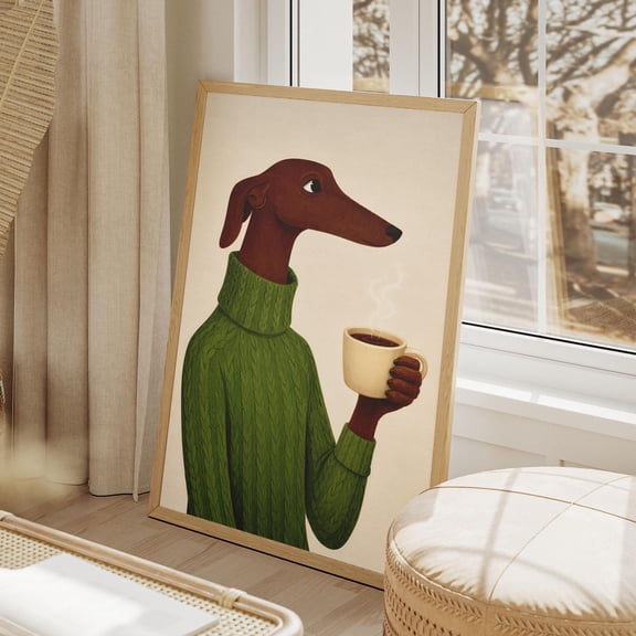 Dog Coffee Wall Art Print Greyhound In Sweater Poster Funny Pet Kitchen Decor Home Decor Office Wall Art
