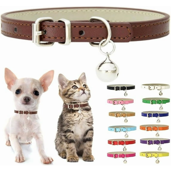 Dog Collar with Bell, Soft Pu Leather Cat Collars Adjustable Buckle for XS Extra Small Medium Tiny Female Male Boys Girls Pets Puppy Kitten Teacup Yorki