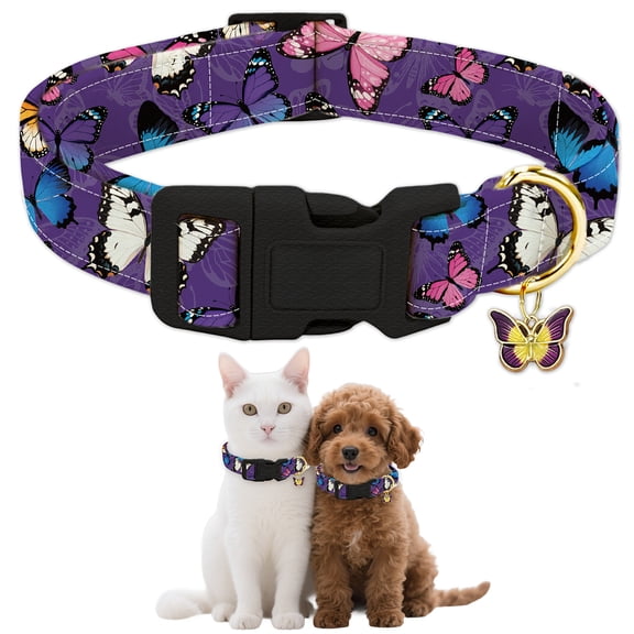 Dog Collar Butterflies Puppy Collar Purple Adjustable Pet Collars with Quick Release Buckle for Small Dogs Walking Running