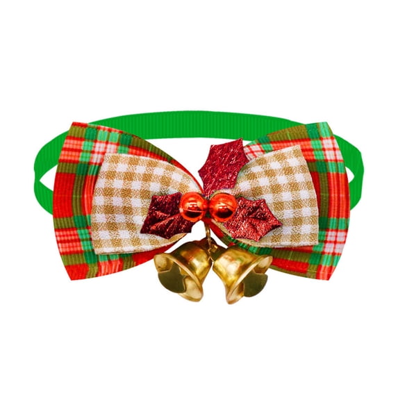 Dog Collar Green Plaid Bowtie with Gold Bells Extra Small for Small Dogs Christmas Holiday Wear