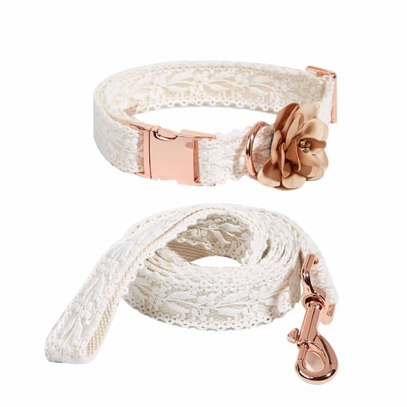 Dog Collar and Leash Set for Large Dogs Unique Soft Leather White Dog Wedding Collar with Flower Stylish Rose Gold Heavy Duty Metal Buckle Leash and Collar for Dogs Birthday Pet Outfit (White,L)