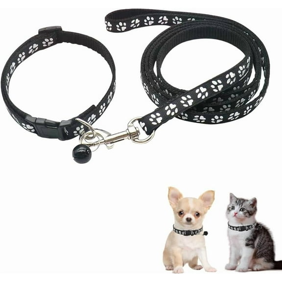 Dog Collar and Leash Set,Nylon Paw Print Small Dog Collar with Bell Adjustable Buckle for Xs XSmall Cat Puppy Dogs Girl Kitten Yorkie Chihuahua X-Small