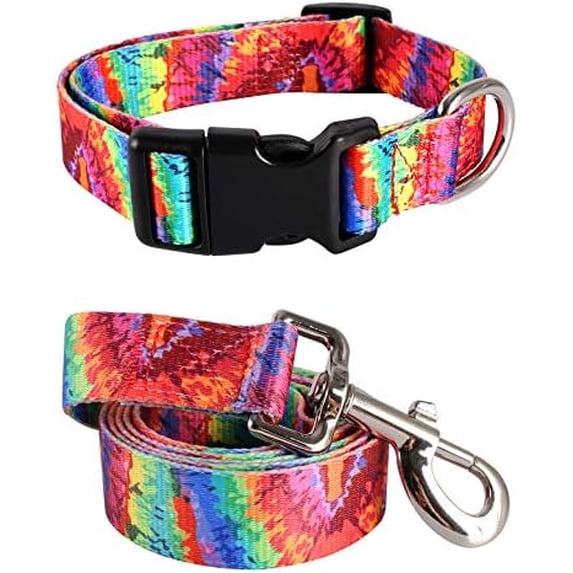 Dog Collar Pet Funny Rainbow Adjustable Collars with Cute Tie Dye Leash ...