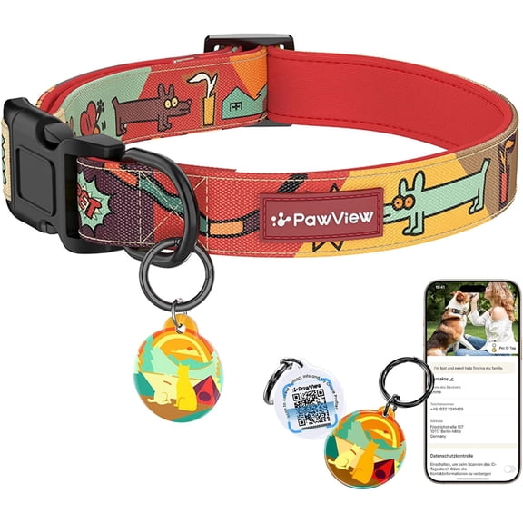 Dog Collar Retro Print, QR Tag Adjustable Pet Collar, Soft Neoprene Padded, Quick Release Buckle, No Pull Metal D-Ring for Small Medium Large Dogs Every Day Use (Red, L)