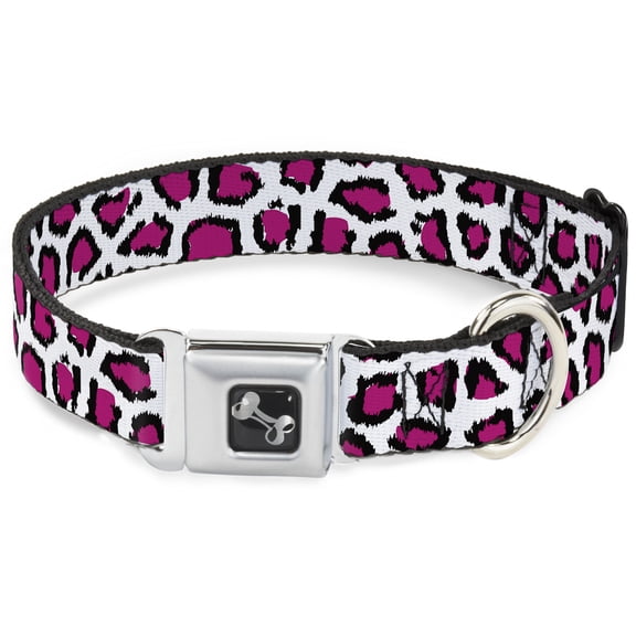 Buckle-Down Pet Collar, Dog Collar Metal Seatbelt Buckle, Leopard White Fuchsia, 15 to 24 Inches 1.0 Inch Wide