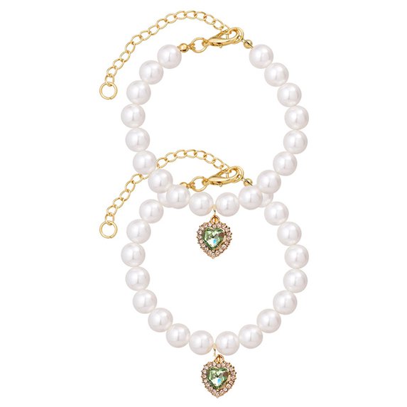 Dog Collar for Small Dogs, Pearl Dog Collar, Rhinestone Dog Collar with Green Heart Charm, Adjustable Pearl Necklace for Dogs and Cats, 1 Piece Pet Accessory for Daily Wear and