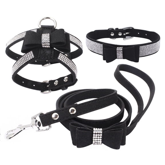 Dog Collar and Leash Set 3 Piece, Pet Harness with Matching Leash, Adjustable Reflective Dog Set for Small Medium Dogs, Puppy Walking Kit,Black