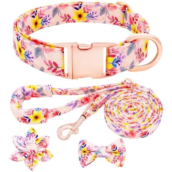 Dog Collar and Leash Set Girls Adjustable Puppy Collars with Floral Bow Tie for Small Medium Large Female Dogs, Pink Flower, XS