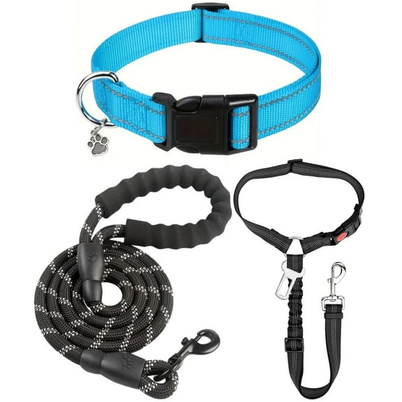 Dog Collar and Leash Set with Safety Seat Belt, Ideal for Walking – Fits Small to X-Large Dog (Blue-S)