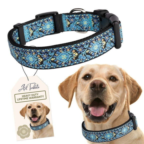 Art Tribute Wide Adjustable Dog Collar for Small, Medium, and Large Dogs- Blue Woven, Large