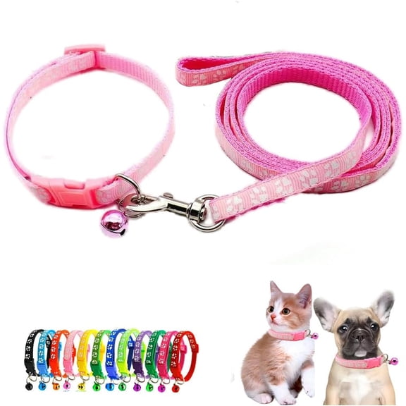 Dog Collar with Bell Leash Set,Nylon Basic Reflective Puppy Collars Girls Boys Paw Print for XXS Xs Small Cat Pet Animal Litter Tiny Kitten