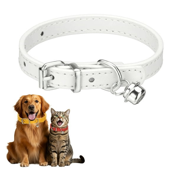 Dog Collar with Bell, Pu Leather Cat Collars Pet Basic Soft Padded Adjustable Buckle, 10" (White, 1 Pcs)