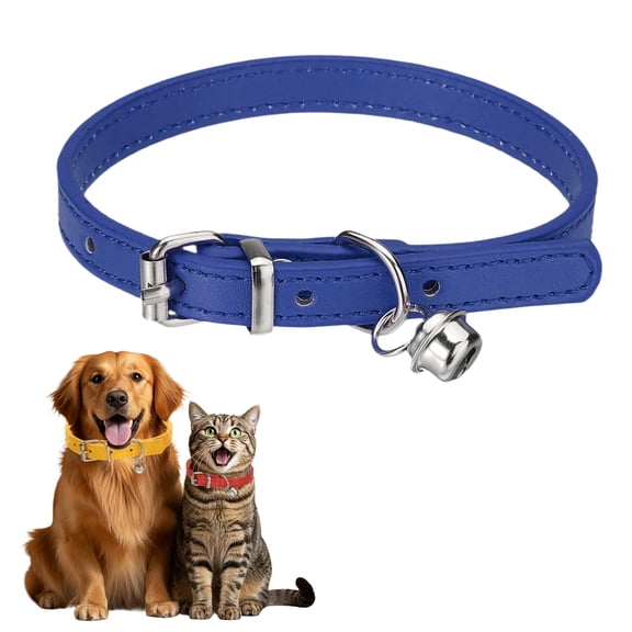 Dog Collar with Bell, Pu Leather Cat Collars Pet Basic Soft Padded Adjustable Buckle, 12" (Navy, 1 Pcs)