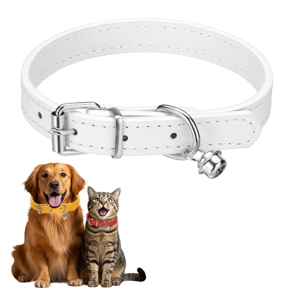 Dog Collar with Bell, Pu Leather Cat Collars Pet Basic Soft Padded Adjustable Buckle, 14.5" (White, 1 Pcs)