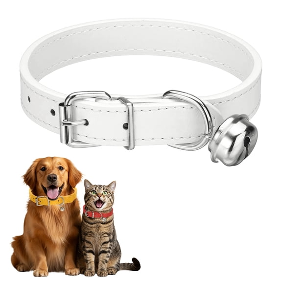 Dog Collar with Bell, Pu Leather Cat Collars Pet Basic Soft Padded Adjustable Buckle, 16" (White, 1 Pcs)