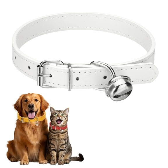 Dog Collar with Bell, Pu Leather Cat Collars Pet Basic Soft Padded Adjustable Buckle, 20" (White, 1 Pcs)