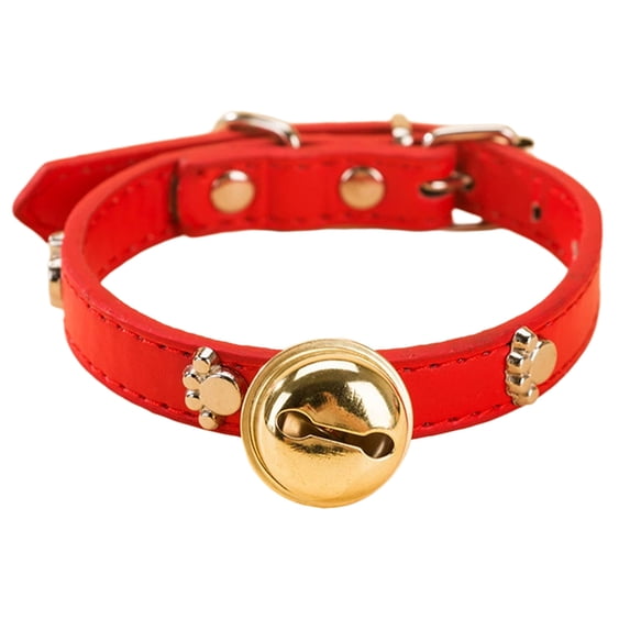 Dog Collar with Bell, Soft Pu Leather Small Dog Collars Adjustable Buckle, Cute Bone and Paw Design, for Pets Puppy Cats, M (Red)