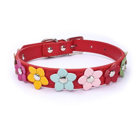 Dog Collar with Flowers, Two Rows of Random Bright Fabric Blooms, Adjustable Fit for Small Medium Dogs, Unique Boho Chic Style LRed