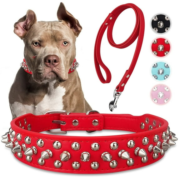 Dog Collar with Leash,Durable Rivet PU Leather Dog Collars for Pit Bull Etc