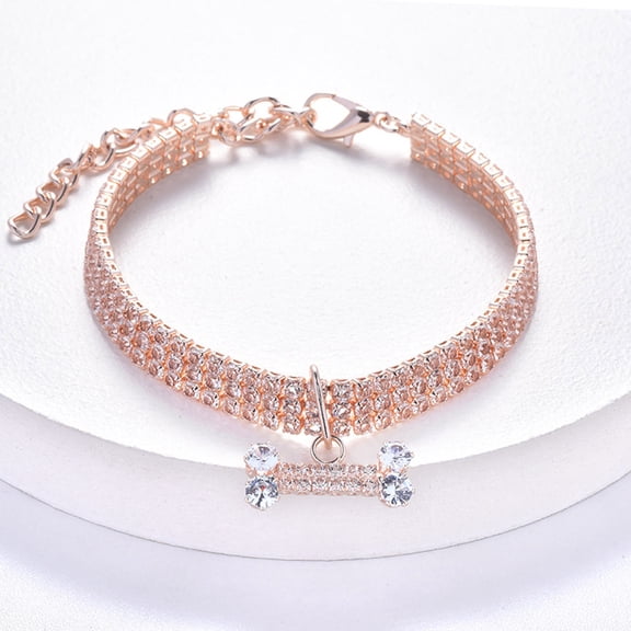 Triple Rhinestone Dog Collar with Bone Charm Adjustable Pet Necklace for Small Medium Large Breed Puppies
