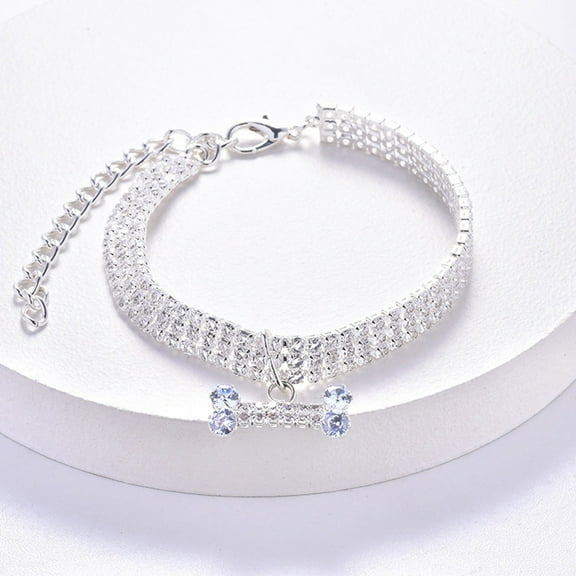 Triple Rhinestone Dog Collar with Bone Charm Adjustable Pet Necklace for Small Medium Large Breed Puppies