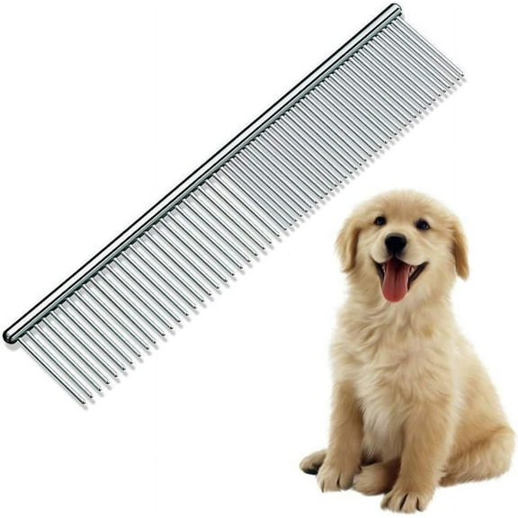 Dog Comb Pet Grooming Brush for Cats Puppy Greyhound with Medium/Coarse Fur Easy Grip Dematting Combs with Different-Spaced Rounded Stainless Steel Teeth - Silver