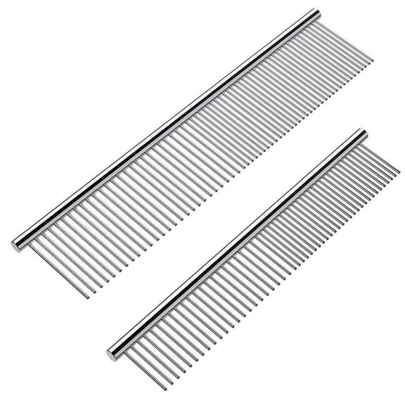 Dog Combs for Grooming, 2 Pack Metal Dog Comb with Rounded Teeth, Stainless Steel Cat Comb for Removing Tangles and Knots for Long and Short Haired Dogs and Cats