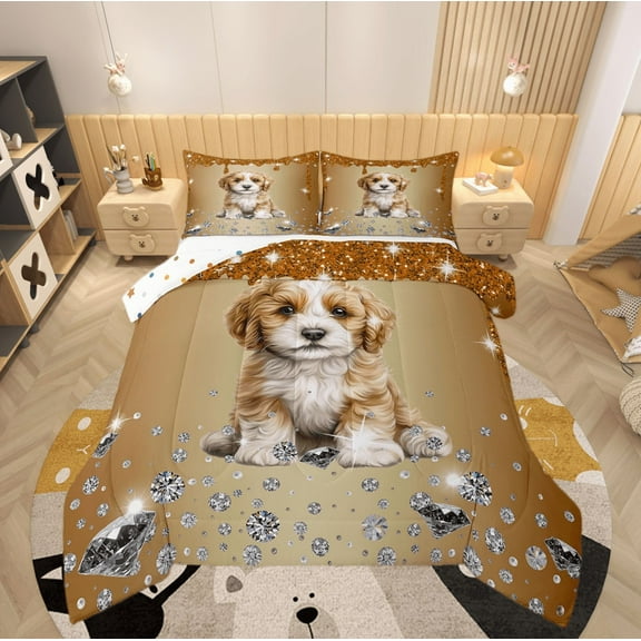Dog Comforter Set Brown Sequin Fluid Art Down Comforter,Crystal Diamond Twin Bedding Sets,Cute Animals Duvet Set Lovely Pet Kawaii Room Decor