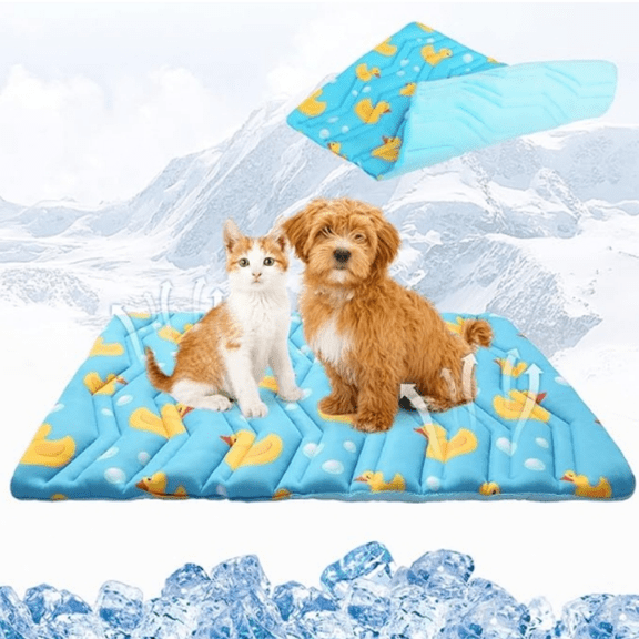 Dog Cooling Mat, Upgraded Two Sided Cooling Pad for Dogs Cats Puppy, Soft Pet Sleeping Blanket Keep Cool in Summer with Cute Duck Pattern, Washable Waterproof for Crate Sofa Bed, Blue L