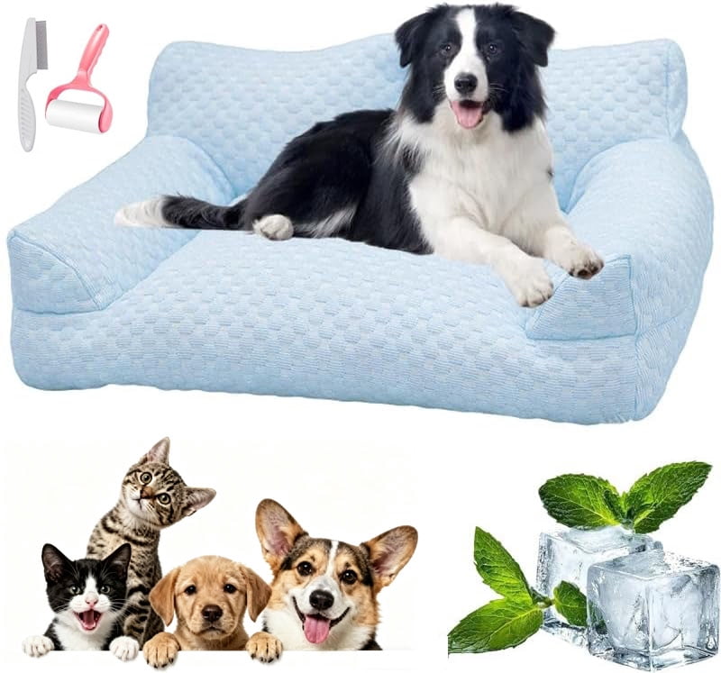 Dog Cooling Sofa Bed, Orthopedic Bolster Dog Sofa Bed, Breathable Sleeping Couch Pet Bed, Waterproof Lining and Nonskid Bottom, for Large Small Dogs & Cats (Blue, XL-35.43 * 21.65 * 9.84 in)