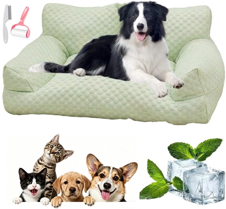Dog Cooling Sofa Bed, Orthopedic Bolster Dog Sofa Bed, Breathable Sleeping Couch Pet Bed, Waterproof Lining and Nonskid Bottom, for Large Small Dogs & Cats (Green, M-25.59 * 17.71 * 9.84 in)