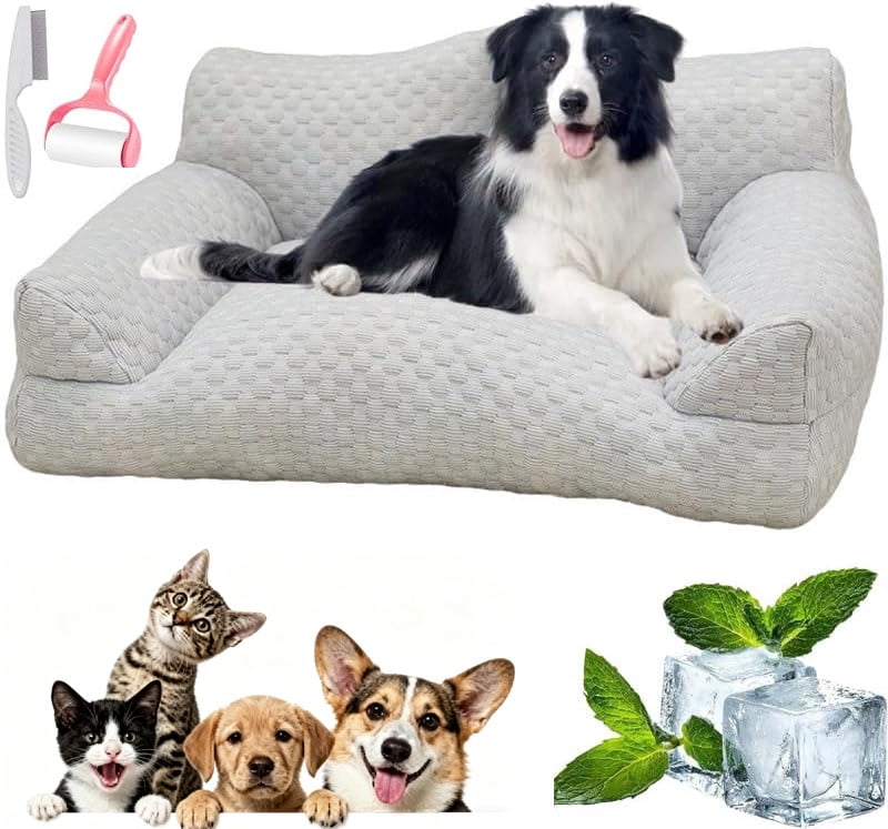 Dog Cooling Sofa Bed, Orthopedic Bolster Dog Sofa Bed, Breathable Sleeping Couch Pet Bed, Waterproof Lining and Nonskid Bottom, for Large Small Dogs & Cats (Grey, S-21.65 * 15.74 * 9.84 in)